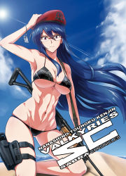 Rule 34 | 1girl, abs, absurdres, armpits, assault rifle, beach, beret, bikini, black bikini, blue hair, blue sky, breasts, cleavage, cloud, contrail, cover, cover image, day, eyebrows, floating hair, gakuen taisen valkyries, glasses, gun, halcon, halterneck, hand on headwear, hat, hexagram, highres, holding, holding weapon, holster, imi galil, israel defense forces, israeli flag, kneeling, large breasts, long hair, looking at viewer, micro bikini, navel, ocean, outdoors, print bikini, purple eyes, red hat, rifle, sabra greengold, sand, skindentation, sky, smile, solo, star of david, string bikini, sun, swimsuit, text focus, thigh holster, toned, underboob, weapon