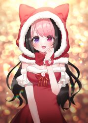 Rule 34 | 1girl, absurdres, animal ear hood, arm garter, black hair, blurry, blurry background, bow, bowtie, breasts, darlingstrawb, dress, fake animal ears, fang, fur-trimmed dress, fur-trimmed hood, fur trim, heart, heart-shaped pupils, highres, hood, indie virtual youtuber, juuroku anna, long hair, multicolored hair, open mouth, pink eyes, pink hair, purple eyes, red bow, red bowtie, red dress, red hood, santa dress, second-party source, solo, strawberry brooch, symbol-shaped pupils, two-tone hair, virtual youtuber