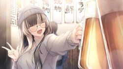 Rule 34 | 1girl, absurdres, alcohol, beer, beer mug, black hair, casual, ch13, closed eyes, cup, glasses, grey hair, grey sweater, hat, highres, hololive, hololive dev is, juufuutei raden, long hair, mug, multicolored hair, sweater, toasting (gesture), two-tone hair, v, virtual youtuber