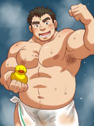 Rule 34 | 1boy, abs, bara, bare pectorals, belly, biceps, blush, bulge, character request, facial hair, flexing, highres, large pectorals, looking at viewer, male focus, muscular, muscular male, naked towel, navel, nipples, pectorals, rubber duck, see-through, shirako (kirupi), short hair, sideburns, smile, solo, stomach, stubble, thick eyebrows, tokyo houkago summoners, towel, zao (housamo)