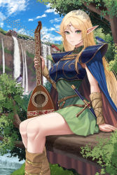 Rule 34 | 1girl, armor, blonde hair, blue cape, cape, circlet, deedlit, elf, green eyes, highres, instrument, long hair, outdoors, pointy ears, record of lodoss war, shoulder armor, silvertsuki, sitting, smile, solo, very long hair