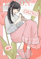 Rule 34 | 1girl, black hair, blouse, blush, brown eyes, casual, character name, copyright name, flower, frilled sleeves, frills, high-waist skirt, highres, kirishima eriko, konbanha06, loafers, long skirt, persona, persona 1, pigeon-toed, pink footwear, pink nails, pink skirt, pink theme, plaid, ponytail, shirt, shirt tucked in, shoes, skirt, solo, steepled fingers, tulip, white shirt