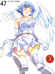 Rule 34 | 00s, angel, angel of light nanael, angel wings, artbook, asymmetrical wings, bare shoulders, blue hair, blush, boots, elbow gloves, gloves, green eyes, highres, kuuchuu yousai, miniskirt, nanael (queen&#039;s blade), nanael (queen's blade), open mouth, panties, polka dot, polka dot panties, queen&#039;s blade, scan, short hair, skirt, solo, thighhighs, underwear, wind, wind lift, wings