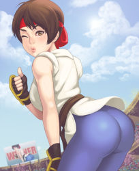 Rule 34 | 1girl, ass, bad id, bad pixiv id, breasts, brown eyes, brown hair, fingerless gloves, gloves, headband, leaning forward, lips, looking at viewer, looking back, maou alba, one eye closed, pants, ryuuko no ken, short hair, solo, sweatdrop, the king of fighters, thumbs up, tight clothes, tight pants, yuri sakazaki