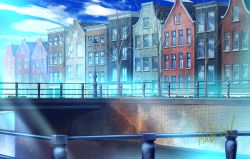 Rule 34 | blue sky, bridge, building, city, cityscape, cloud, commentary request, fence, hakuurei amano, highres, lamppost, no humans, original, outdoors, river, scenery, sky, tree, water, watermark, window