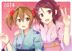 Rule 34 | .com (bot com1), 10s, 2girls, :d, bad id, bad pixiv id, brown hair, hand on another&#039;s shoulder, japanese clothes, kimono, lisbeth (sao), multiple girls, open mouth, red eyes, red hair, short hair, silica, smile, sword art online, twintails, v, yukata