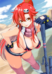 Rule 34 | 1girl, anti-materiel rifle, attsun (atsushi jb), bikini, bikini top only, breasts, cleavage, day, fingerless gloves, gloves, gun, hair ornament, hanging breasts, large breasts, leaning forward, long hair, looking at viewer, outdoors, pink scarf, pink thighhighs, ponytail, red eyes, red hair, rifle, scarf, short shorts, shorts, skull hair ornament, smile, sniper rifle, solo, striped clothes, striped scarf, swimsuit, tengen toppa gurren lagann, thighhighs, weapon, yellow eyes, yoko littner