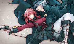 Rule 34 | 1boy, 1girl, ameshiki, bag, between breasts, black bag, black coat, black gloves, black headwear, black skirt, boots, braid, breasts, brooch, carrying, closed mouth, coat, edmond dantes (fate), expressionless, fate/grand order, fate (series), fedora, florence nightingale (fate), gloves, green eyes, grey background, grin, gun, hair over one eye, hat, highres, holding, holding gun, holding weapon, jewelry, knee boots, large breasts, long hair, looking to the side, military, military uniform, pantyhose, pink eyes, pink hair, princess carry, red shirt, shirt, skirt, smile, uniform, weapon, white footwear, white gloves, white hair, white pantyhose