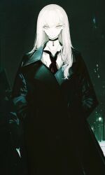 Rule 34 | 1girl, black coat, black jacket, black necktie, choker, closed mouth, coat, collared shirt, commentary, cowboy shot, earrings, expressionless, eyelashes, green coat, green theme, guideau, hands in pockets, highres, jacket, jewelry, john kafka, lamppost, long hair, long sleeves, looking at viewer, majo to yajuu, necktie, night, night sky, out of frame, outdoors, pendant, shirt, side-by-side, sky, slit pupils, solo focus, straight-on, stud earrings, white hair, yellow eyes