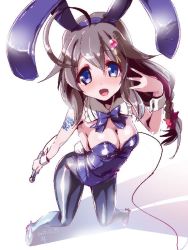 Rule 34 | 10s, 1girl, 2015, animal ears, black pantyhose, blue eyes, braid, breasts, brown hair, dated, fake animal ears, from above, full body, hair flaps, kantai collection, leotard, long hair, looking at viewer, miuku (marine sapphire), off shoulder, open mouth, pantyhose, playboy bunny, rabbit ears, shigure (kancolle), shigure kai ni (kancolle), single braid, smile, solo, standing, whip