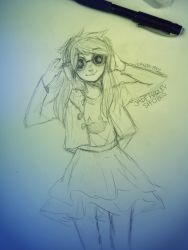 Rule 34 | 1girl, absurdres, alyssa hoffee, arms up, artist name, character name, closed mouth, glasses, greyscale, highres, homestuck, jacket, jade harley, long hair, long sleeves, monochrome, photo (medium), sketch, skirt, smile, solo, standing