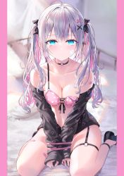 Rule 34 | 1girl, absurdres, bandaid, bare shoulders, bed, bed sheet, blue eyes, blush, bound, bound wrists, bow, bowtie, bra, breasts, choker, cleavage, collarbone, full body, grey hair, hair ornament, heart, heart tattoo, highres, indoors, long hair, looking at viewer, medium breasts, multicolored hair, off shoulder, original, purple hair, rin yuu, scan, simple background, sitting, solo, tattoo, thigh strap, thighs, twintails, two-tone hair, underwear, wariza, x hair ornament