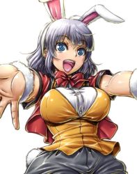 Rule 34 | 10s, 1girl, alice in wonderland, amania orz, animal ears, breasts, cosplay, dagashi kashi, large breasts, open mouth, outstretched arms, purple hair, rabbit ears, ringed eyes, shidare hotaru, shiny clothes, short hair, solo, white background, white rabbit (alice in wonderland), white rabbit (cosplay)