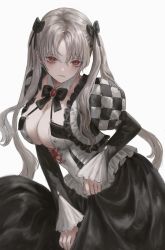 Rule 34 | 1girl, absurdres, bow, breasts, cleavage, corset, detached collar, dress, frills, gold can, goth fashion, hair bow, highres, large breasts, long hair, original, red eyes, simple background, solo, twintails, white background, white hair