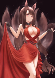 Rule 34 | 1girl, absurdres, akagi (azur lane), akagi (ruby-laced beauty) (azur lane), animal ear fluff, animal ears, azur lane, bad id, bad pixiv id, bare shoulders, black choker, blush, bracelet, breasts, brown hair, choker, cleavage, cleavage cutout, clothing cutout, dress, fox ears, fox girl, fox tail, gloves, halter dress, halterneck, highres, jewelry, large breasts, long dress, long hair, looking at viewer, multiple tails, o-ring dress, official alternate costume, red dress, red eyes, smile, solo, tail, very long hair, yamamoto warabi