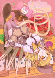 Rule 34 | 10s, 1girl, beret, blonde hair, boots, breasts, brown thighhighs, charlotte (madoka magica), corset, detached sleeves, drill hair, finger to mouth, fingerless gloves, gloves, gun, hair ornament, hairpin, hat, magical girl, magical musket, mahou shoujo madoka magica, mahou shoujo madoka magica (anime), niizuka (c-drop), pleated skirt, puffy sleeves, skirt, smile, solo, striped clothes, striped thighhighs, thighhighs, tomoe mami, twin drills, twintails, vertical-striped clothes, vertical-striped thighhighs, weapon, yellow eyes