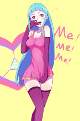 Rule 34 | 1girl, bare shoulders, blue hair, breasts, cleavage, copyright name, drooling, elbow gloves, gloves, heart, highres, long hair, looking at viewer, me!me!me!, meme (me!me!me!), open mouth, purple eyes, purple gloves, purple thighhighs, rankaku, solo, standing, thighhighs, thong, tongue, yellow background
