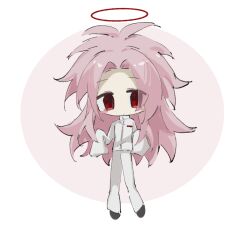 Rule 34 | 1boy, blush stickers, chinese commentary, commentary request, deformed, eyes visible through hair, halo, hatsutori hajime, highres, jiekuijiangshadaonijiamenkou, long hair, long sleeves, male focus, no nose, pants, parted bangs, pink hair, red eyes, red halo, saibou shinkyoku, shirt, sleeves past fingers, sleeves past wrists, solo, white pants, white shirt