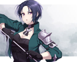 Rule 34 | 1girl, 2021, armor, black choker, black gloves, black shirt, blue hair, breasts, choker, cleavage, collarbone, dated, fire emblem, fire emblem: three houses, gloves, green jacket, hair between eyes, happy birthday, highres, holding, jacket, large breasts, long sleeves, looking at viewer, nintendo, open clothes, open jacket, open mouth, purple eyes, shamir nevrand, shinae, shirt, short hair, shoulder armor, solo