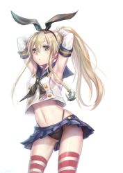 Rule 34 | 10s, 1girl, adjusting hair, alternate hairstyle, anchor, anchor hair ornament, armpits, arms up, black panties, blonde hair, cowboy shot, elbow gloves, gloves, hair ornament, hair up, hairband, highleg, highleg panties, highres, kantai collection, lma, long hair, looking at viewer, making-of available, midriff, panties, pantyshot, personification, pleated skirt, shimakaze (kancolle), shirt overhang, sidelocks, skirt, sleeveless, solo, standing, striped clothes, striped thighhighs, thighhighs, tying hair, underwear, white background