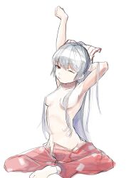 Rule 34 | 1girl, absurdres, arm behind head, arm up, barefoot, bow, breasts, closed mouth, fujiwara no mokou, full body, grey hair, hair bow, highres, long hair, looking at viewer, medium breasts, navel, no shirt, one-hour drawing challenge, one eye closed, pants, petarikooo, red eyes, red pants, ribs, simple background, sitting, solo, stretching, touhou, very long hair, white background, white bow