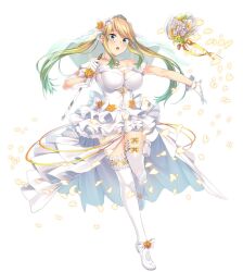Rule 34 | 1girl, blonde hair, blush, bouquet toss, breasts, dress, escalation heroines, frilled dress, frills, gin (ginshari), gloves, green eyes, high heels, holding, holding sword, holding weapon, jewelry, large breasts, necklace, official art, open mouth, pleated dress, suzumori raika, sword, thighhighs, twintails, weapon, wedding dress