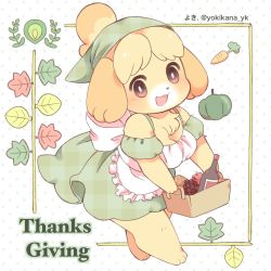 Rule 34 | 1girl, :3, alcohol, alternate costume, alternate eye color, animal crossing, animal ears, animal feet, animal hands, animal nose, apple, apron, artist name, back bow, bare shoulders, barefoot, basket, blonde hair, blush, body fur, bottle, bow, breasts, bright pupils, carrot, cleavage, corn, dog ears, dog girl, dog tail, dress, english text, female focus, food, frilled apron, frills, fruit, full body, furry, furry female, grapes, green dress, green headwear, happy, head scarf, holding, holding basket, isabelle (animal crossing), japanese text, leaf, looking at viewer, medium breasts, multicolored hair, nintendo, open mouth, polka dot, polka dot background, puffy short sleeves, puffy sleeves, pumpkin, red eyes, shirokuro buti, short hair, short sleeves, smile, solo, spaghetti strap, standing, tail, thanksgiving, thick thighs, thighs, topknot, twitter username, two-tone fur, two-tone hair, unmoving pattern, walking, watermark, white apron, white fur, white pupils, wine, wine bottle, yellow fur