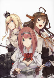 Rule 34 | 3girls, ahoge, ark royal (kancolle), arrow (projectile), blonde hair, blue eyes, blunt bangs, bob cut, braid, breasts, brown hair, character name, cleavage cutout, clothing cutout, corset, crossed bangs, crown, detached sleeves, double bun, dress, fingerless gloves, flower, french braid, gloves, hair between eyes, hair bun, hairband, headgear, highres, inverted bob, japanese clothes, jewelry, kantai collection, kongou (kancolle), konishi (koconatu), large breasts, long hair, long sleeves, looking at viewer, machinery, mini crown, multiple girls, necklace, nontraditional miko, off-shoulder dress, off shoulder, purple eyes, ranguage, red flower, red hair, red ribbon, red rose, ribbon, ribbon-trimmed sleeves, ribbon trim, rose, scan, scan artifacts, scepter, short hair, tiara, tsurime, upper body, warspite (kancolle), white background, white corset, white dress