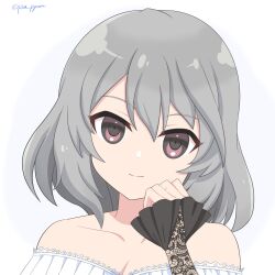 Rule 34 | 1girl, arms up, assault lily, bare shoulders, breasts, brown eyes, cleavage, closed mouth, collarbone, commentary request, frilled sleeves, frills, gradient background, grey background, grey hair, hair between eyes, hand to own mouth, hand up, hata matsuri, highres, lace sleeves, looking at viewer, medium breasts, medium hair, off-shoulder shirt, off shoulder, piatin, portrait, shirt, sleeves past wrists, smile, solo, twitter username, white background, white shirt