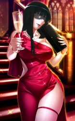 Rule 34 | 1girl, :p, alcohol, amelia l falcon, asymmetrical clothes, bad id, bad pixiv id, bag, black hair, blunt bangs, bracelet, breasts, champagne, champagne flute, clothing cutout, cowboy shot, cup, derivative work, dress, drinking glass, fingernails, handbag, head tilt, highres, hime cut, indoors, jewelry, large breasts, long fingernails, long hair, looking at viewer, mee (meemeeshion), nail polish, necklace, no bra, outline, pearl necklace, red dress, red eyes, side cutout, side slit, single strap, skindentation, sky love, snk, solo, sparkle, stairs, sunglasses, taimanin (series), taimanin asagi, taimanin asagi kessen arena, taut clothes, taut dress, thigh strap, thighs, third-party edit, tongue, tongue out