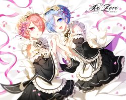 Rule 34 | 10s, 2girls, :d, artist name, bed sheet, black ribbon, blue eyes, blue hair, blurry, blush, breasts, copyright name, depth of field, dress, frilled sleeves, frills, from above, hair ornament, hair over one eye, holding hands, looking at viewer, lying, maid, maid headdress, medium breasts, multiple girls, myoya, neck ribbon, on side, open mouth, pantyhose, parted lips, petals, pink eyes, pink hair, pink ribbon, ram (re:zero), re:zero kara hajimeru isekai seikatsu, rem (re:zero), ribbon, ribbon-trimmed clothes, ribbon trim, siblings, sisters, small breasts, smile, twins, twintails, white legwear, wide sleeves, x hair ornament