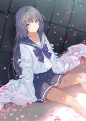 1girl black_hair black_sailor_collar black_skirt bow bowtie closed_mouth day female_focus lloule long_hair long_sleeves on_ground original outdoors petals pleated_skirt purple_bow purple_bowtie purple_eyes sailor_collar school_uniform serafuku shirt sitting skirt sleeves_past_wrists smile solo very_long_hair white_shirt wide_sleeves