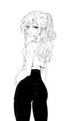 Rule 34 | 1girl, ass, bang dream!, breasts, commentary, cropped sweater, earrings, feet out of frame, from behind, greyscale, high-waist pants, highres, imai lisa, jewelry, jokarara, korean commentary, leggings, long hair, long sleeves, looking at viewer, looking back, medium breasts, monochrome, pants, ponytail, rabbit earrings, short ponytail, sidelocks, simple background, sketch, smile, solo, standing, swept bangs, tight clothes, tight pants, wavy hair, white background