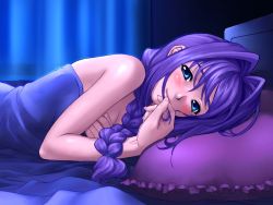Rule 34 | 1girl, afterglow, aqua eyes, bed, blush, braid, breasts, cleavage, covering privates, covering breasts, frilled pillow, frills, hair intakes, hair over shoulder, kanon, long hair, looking at viewer, mature female, medium breasts, minase akiko, on bed, pillow, pov across bed, purple hair, single braid, smile, solo, under covers, zen