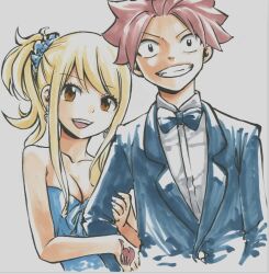 Rule 34 | 1girl, bare shoulders, blonde hair, blue dress, breasts, cleavage, collarbone, dress, earrings, fairy tail, jewelry, large breasts, lucy heartfilia, mashima hiro, natsu dragneel, official art