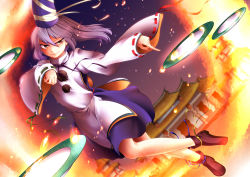 Rule 34 | &gt;:), 0-den, 1girl, absurdres, architecture, blue ribbon, blue skirt, blurry, brown eyes, building, depth of field, east asian architecture, fire, full body, green ribbon, hat, highres, japanese clothes, kariginu, long sleeves, mononobe no futo, plate, pointing, pom pom (clothes), ponytail, red ribbon, ribbon, ribbon-trimmed sleeves, ribbon trim, silver hair, skirt, smile, solo, tate eboshi, touhou, tsurime, v-shaped eyebrows, wide sleeves, yellow ribbon