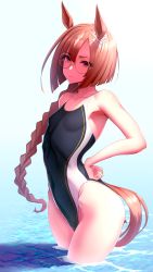 Rule 34 | 1girl, actinium89, animal ears, black one-piece swimsuit, braid, breasts, brown hair, commentary request, competition swimsuit, glasses, highleg, highleg swimsuit, highres, horse ears, horse girl, horse tail, ikuno dictus (umamusume), long hair, one-piece swimsuit, simple background, single braid, small breasts, soaking feet, solo, standing, swimsuit, tail, twintails, umamusume, wading, water, white background