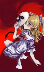 Rule 34 | 1boy, absurdres, apron, black souls, blonde hair, blue bow, blue eyes, blush, bow, dress, full body, grey dress, hair bow, hair tie, highres, holding, holding mask, long hair, mask, pale skin, ponytail, red background, red bow, serpent god (black souls), short sleeves, sitting, snake, solo, two-tone background, user mvwe7325, white apron