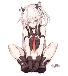 Rule 34 | 1girl, abyssal ship, ankle boots, artist name, boots, butterfly sitting, choker, destroyer water oni, goekawa, hands on own feet, horns, kantai collection, one-hour drawing challenge, pale skin, red eyes, sitting, solo, white hair