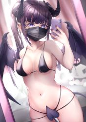 Rule 34 | 1girl, bare arms, bare shoulders, bikini, black bikini, blush, breasts, cellphone, cleavage, collarbone, covering privates, covering crotch, cowboy shot, demon girl, demon horns, demon tail, demon wings, ear piercing, fingernails, heart, heart-shaped pupils, highres, holding, holding phone, horns, indoors, long fingernails, looking at phone, mask, medium breasts, mirror, mole, mole under eye, mouth mask, nail polish, navel, original, phone, piercing, purple eyes, purple hair, purple nails, reflection, selfie, smartphone, solo, stomach, stuffed toy, swimsuit, symbol-shaped pupils, tail, twintails, wings, yutoriko (candy0905)