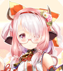 Rule 34 | 1girl, animal collar, animal ears, bell, black collar, bow, braid, breasts, cherry blossoms, collar, commentary request, cow ears, cow girl, cow horns, cowbell, crown braid, detached sleeves, flower, glasses, hair bow, hair flower, hair ornament, hair over one eye, hair over shoulder, hairband, highres, horns, japanese clothes, kiryuu takahisa, kojitsunagi (pattern), large breasts, light blush, long hair, looking at viewer, original, parted lips, pink eyes, pink hair, purple-framed eyewear, red bow, red hairband, semi-rimless eyewear, shirt, sidelocks, sleeveless, sleeveless shirt, solo, under-rim eyewear, white shirt