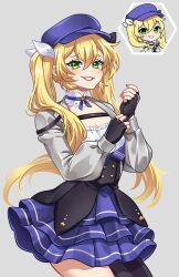 Rule 34 | 1girl, black gloves, blonde hair, blue hat, blue skirt, breasts, chibi, chibi inset, choker, cleavage, cowboy shot, cropped jacket, dokibird (vtuber), fingerless gloves, gloves, green eyes, grey background, grey jacket, hat, indie virtual youtuber, jacket, long hair, long sleeves, looking at viewer, medium breasts, multiple views, open clothes, open jacket, parted lips, simple background, single leg pantyhose, skirt, small breasts, smile, twintails, uguubear, very long hair, virtual youtuber