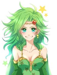 Rule 34 | 1girl, breasts, detached sleeves, earrings, final fantasy, final fantasy iv, green eyes, green hair, hair ornament, highres, jewelry, long hair, looking at viewer, aged up, rydia (ff4), sa kichi, simple background, smile, solo, symbol-only commentary, teeth, white background