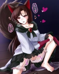 Rule 34 | animal ears, barefoot, bloomers, breasts, brooch, brown hair, clothes lift, crotchless, crotchless bloomers, dress, feet, female masturbation, fingering, frilled dress, frilled sleeves, frills, heart, heavy breathing, highres, imaizumi kagerou, jewelry, lifting own clothes, long hair, long sleeves, looking to the side, masturbation, medium breasts, nail polish, open mouth, pussy juice, pussy juice drip, pussy juice puddle, pussy juice stain, red eyes, riria (liry a flower), skirt, skirt lift, speech bubble, spoken heart, squatting, tail, tail raised, toenail polish, toenails, touhou, underwear, werewolf, white dress, wide sleeves, wolf ears, wolf tail, wooden floor