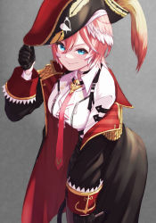 Rule 34 | 1girl, bicorne, black gloves, black hat, black jacket, blue eyes, bowsan, breasts, closed mouth, collared shirt, cosplay, gloves, hair between eyes, hand up, hat, high-waist shorts, highres, hololive, houshou marine, houshou marine (1st costume), houshou marine (cosplay), jacket, large breasts, leaning forward, long sleeves, looking at viewer, multicolored hair, necktie, open clothes, open jacket, pantyhose, pantyhose under shorts, pink hair, pirate hat, red necktie, shirt, short hair, shorts, smile, solo, streaked hair, takane lui, takane lui (1st costume), virtual youtuber, white hair, white shirt