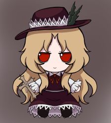 Rule 34 | 1girl, blonde hair, brown footwear, brown hat, brown skirt, brown vest, commentary request, cross, devilkirinrin, dolls in pseudo paradise, frilled hat, frills, fumo (doll), grey background, hat, hat feather, highres, holding, holding cross, jacket girl (dipp), jitome, juliet sleeves, long hair, long sleeves, looking at viewer, mixed-language commentary, no nose, protected link, puffy sleeves, red eyes, revision, shirt, sitting, skirt, smile, solo, touhou, very long hair, vest, wavy hair, white sleeves