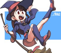 Rule 34 | 1girl, :d, boots, breasts, broom, brown hair, character name, dress, hand on headwear, hat, highres, holding, holding broom, kagari atsuko, knee boots, lakilolom, little witch academia, long hair, long sleeves, looking at viewer, open mouth, purple dress, purple footwear, purple hat, red eyes, small breasts, smile, solo, teeth, witch hat