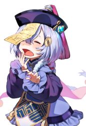 Rule 34 | 1girl, absurdres, bad id, bad twitter id, bead necklace, beads, braid, braided ponytail, closed eyes, dress, fang, genshin impact, hair ornament, hat, highres, jewelry, jiangshi, long sleeves, necklace, open mouth, qiqi (genshin impact), solo, useq1067, yawning