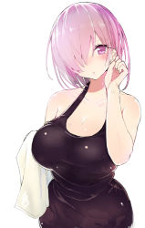 Rule 34 | 1girl, bare shoulders, breasts, cleavage, curvy, fate/grand order, fate (series), hair over one eye, hanasaka houcha, large breasts, looking at viewer, mash kyrielight, plump, purple eyes, purple hair, revision, short hair, solo, tank top, towel, wide hips