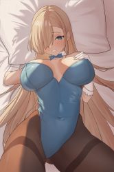 Rule 34 | 1girl, absurdly long hair, absurdres, asuna (blue archive), asuna (bunny) (blue archive), bare shoulders, blue archive, blue bow, blue bowtie, blue eyes, blue leotard, blush, bow, bowtie, breast suppress, breasts, breasts apart, brown pantyhose, covered navel, cowboy shot, detached collar, gloves, hair over one eye, hand on own chest, highleg, highleg leotard, highres, large breasts, leotard, light brown hair, long hair, lying, mole, mole on breast, official alternate costume, on back, pantyhose, parted lips, pillow, playboy bunny, solo, strapless, strapless leotard, swept bangs, thighband pantyhose, thighs, traditional bowtie, very long hair, white gloves, whitek
